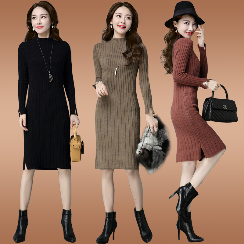 2022 - The new medium - long - edition sweater bag knitting knitting skirt and winter with coat inner dress