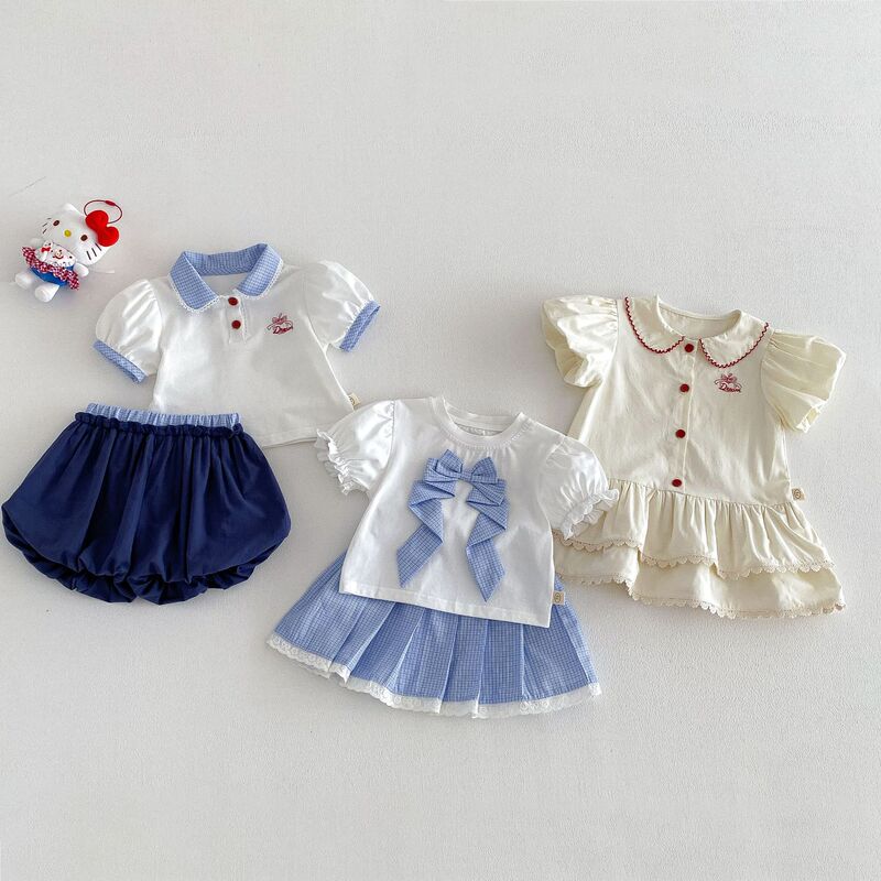 Girls' Summer College-Style Two-Piece Set, Stylish Bow-Knot Shirt Dress, Korean-Style Doll Collar Lace Set, Pleated Skirt