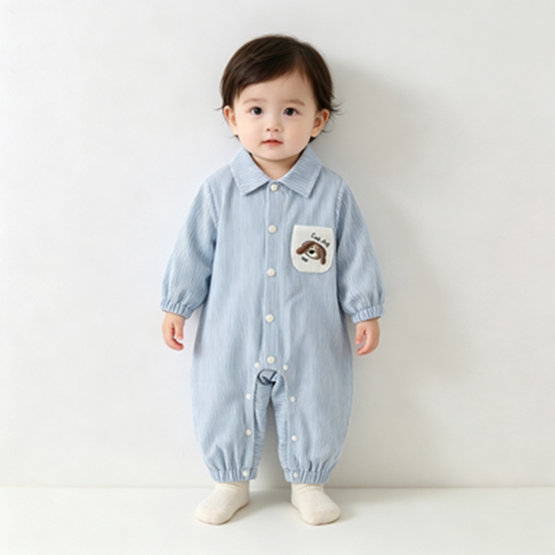 Baby Boy Light Blue Dog Print Turn-Down Collar Long Cardigan Romper Shirt-Style Footed Jumpsuit Autumn Baby Boy Light Blue Dog Print Turn-Down Collar Long Cardigan Romper Shirt-Style Footed Jumpsuit Autumn
