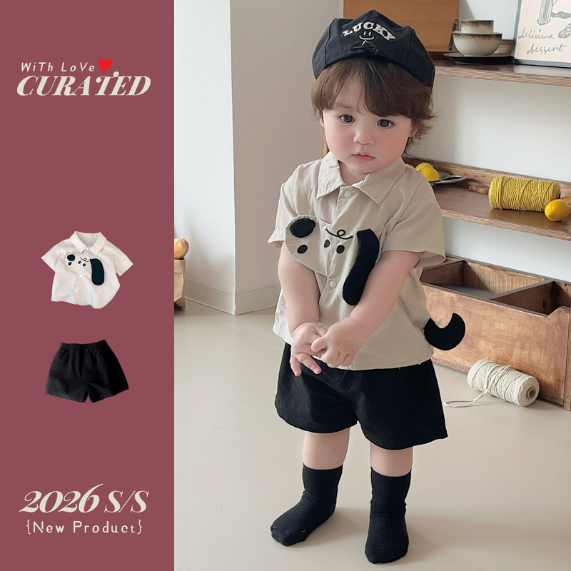 Summer Boys' Casual Cartoon Puppy Shirt Two-Piece Set for Infants and Toddlers, Handsome Short-Sleeved Short-Sleeved Shorts Set