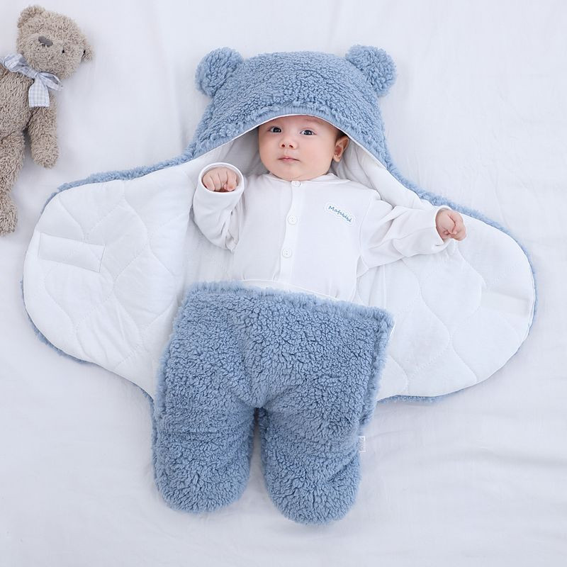 Autumn and winter newborn baby thickened bag Newborn baby anti-jump anti-kick sleeping bag hugging swaddling velcro bear