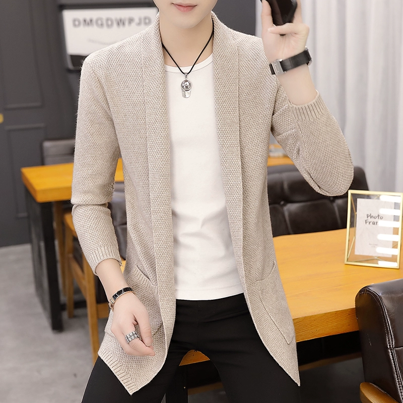Áo len nam mùa xuân Hàn Quốc Áo len dệt kim dài Áo len len trung tính Áo khoác mỏng màu tinh khiết Áo gió nam - Cardigan