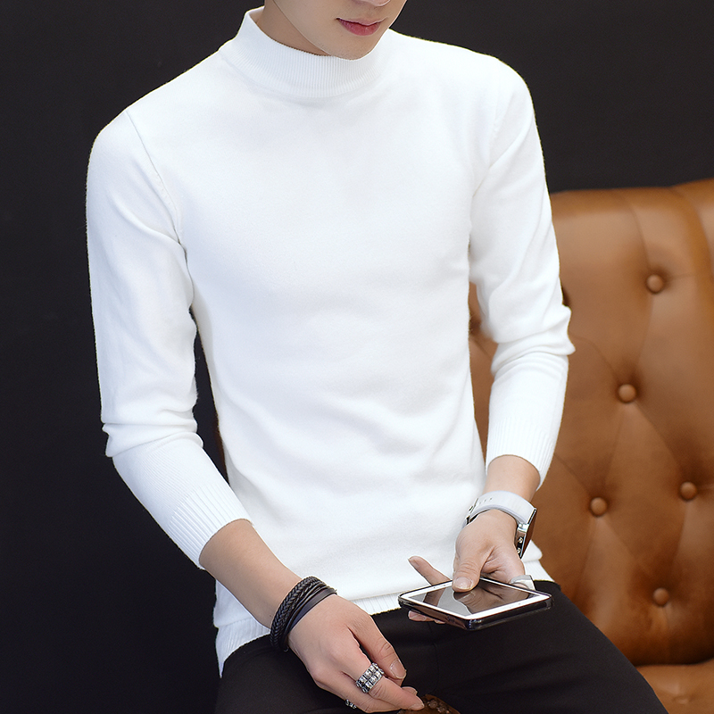 Autumn and Winter Men's Mid-Collar Sweater, Korean Style White Half-High Collar Slim-Fit Base Knitwear, Thin Sweater with Added Fleece