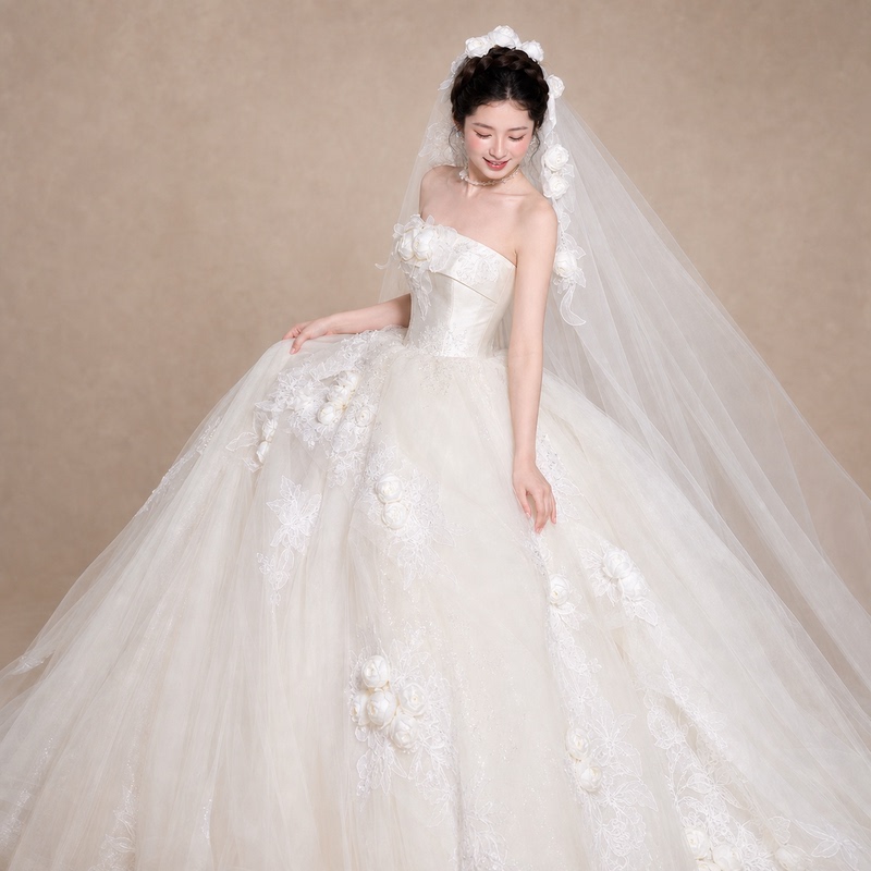 French-Style Strapless Wedding Dress with Embroidered Flowers and a Train, 2026 New Model, Main Gown for Engagement, Light Luxury, Niche, Sheer Fabric French-Style Strapless Wedding Dress with Embroidered Flowers and a Train, 2026 New Model, Main Gown for Engagement, Light Luxury, Niche, Sheer Fabric