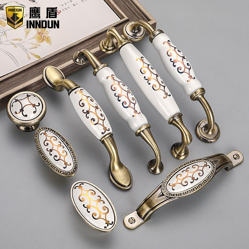 Hawk Simple European Bronze Bronze Blossom Ceramic Handle Modern Simple Pastoral Cabinet Closet Door Drawer Handle