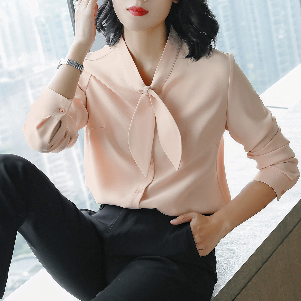 Round Collar Shirt Woman 2022 Summer new casual Snow spinning blouses Butterfly junction Long sleeves loose large size Nets shirt