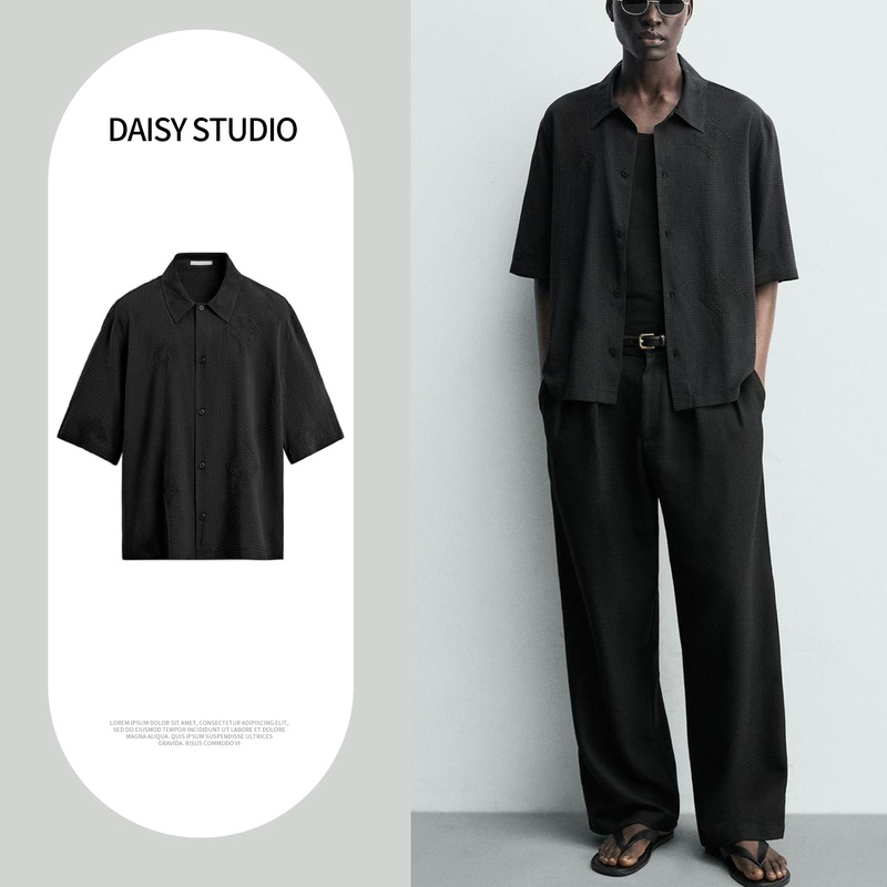 Za New Summer Men's Loose-Fitting Bowling Shirt with Geometric Pattern Short-Sleeved Embroidered Shirt 4587488 Za New Summer Men's Loose-Fitting Bowling Shirt with Geometric Pattern Short-Sleeved Embroidered Shirt 4587488
