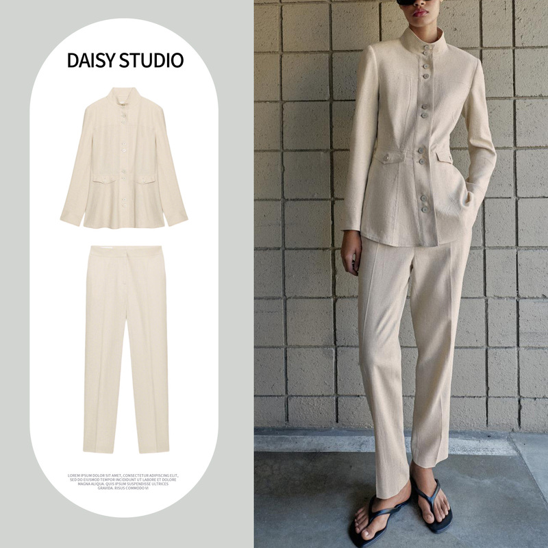 Za Stand-Collar Long-Sleeved Slim-Fit Jacket with Shoulder Pads 2572998 Casual Commuter Zip-Up Ankle-Length Pants 2573998