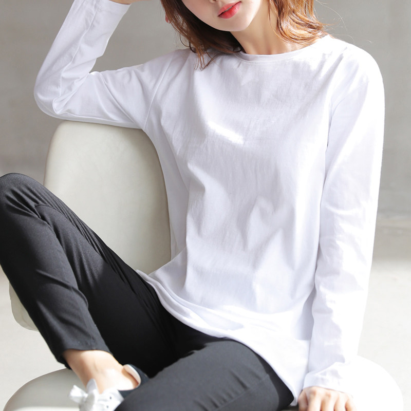 2022 new spring autumn round collar white undershirt long sleeve T-shirt female Korean version loose medium long version blouse T-shirt
