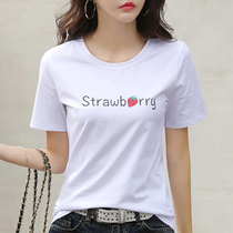 Short sleeve woman 2022 new summer white t-shirt woman fit round collar loose Korean version half sleeve black printed blouse