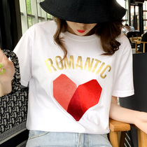2022 new summer round collar short sleeve t-shirt female white loose Korean version printed half sleeve blouses womens dines