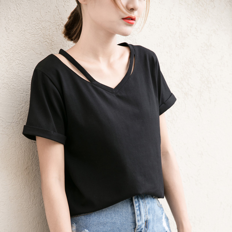 2022 Summer new black V collar T-shirt woman short sleeve Korean version loose large size pure color casual blouse T-shirt tide