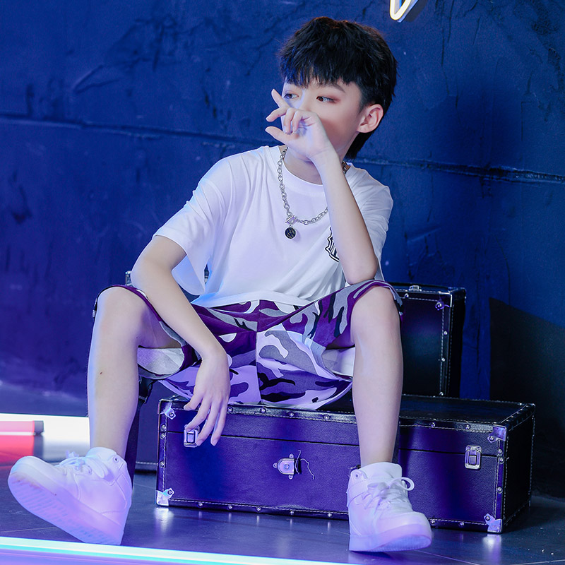 Street dance children's tide clothes boys summer hip-hop suits camouflage street dance clothes boys short-sleeved costumes tide brand T-shirts