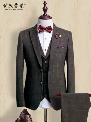 Bridegroom suit suit men wedding slim Korean wedding dress casual dress custom plaid suit three-piece suit