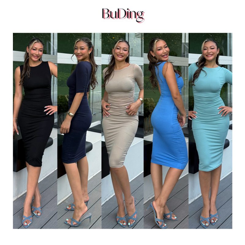 Buding Off-The-Shoulder Sleeveless Mid-Sleeve Slim-Fit Stretchy Rachel Dress