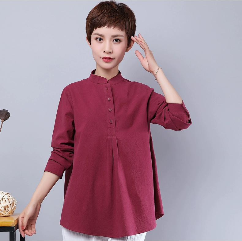 Phụ nữ trung niên mùa xuân áo sơ mi dài tay 40-50 tuổi mẹ tải áo cotton cỡ lớn giản dị buông thả - Áo sơ mi dài tay