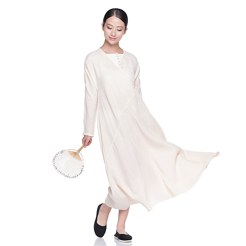 Miaoxian Xinkong Mùa thu mới của phụ nữ váy dài thắt lưng lỏng lẻo đi lại đơn giản màu đặc biệt váy dài tay cổ chữ V 156L - Váy dài