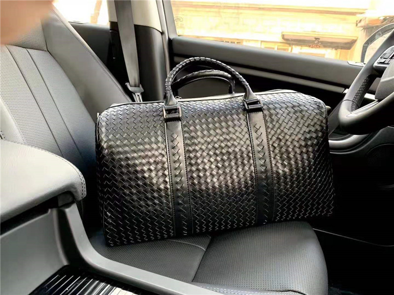 Bv Divani Woven Single-Shoulder Travel Bag, Black Leather Casual Briefcase, Men's Handbag, Large Capacity for Business Trips