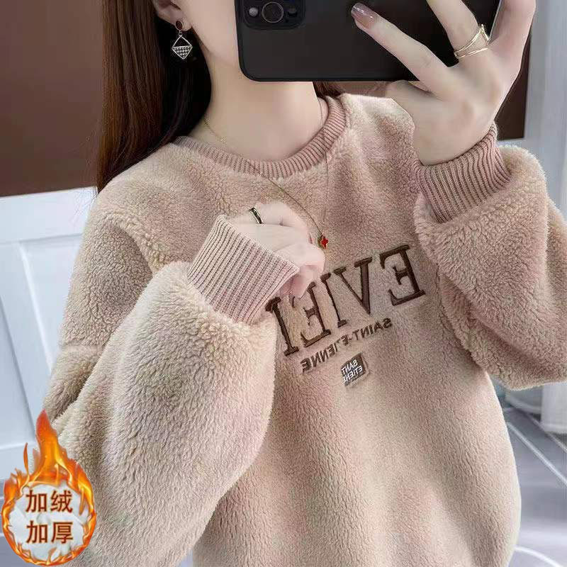 Lamb Wool Sweatshirt Women's Jacket 2026 Autumn and Winter New Style Fleece-Lined Thickened Top with Letter Embroidery Round Neck Base Shirt Lamb Wool Sweatshirt Women's Jacket 2026 Autumn and Winter New Style Fleece-Lined Thickened Top with Letter Embroidery Round Neck Base Shirt