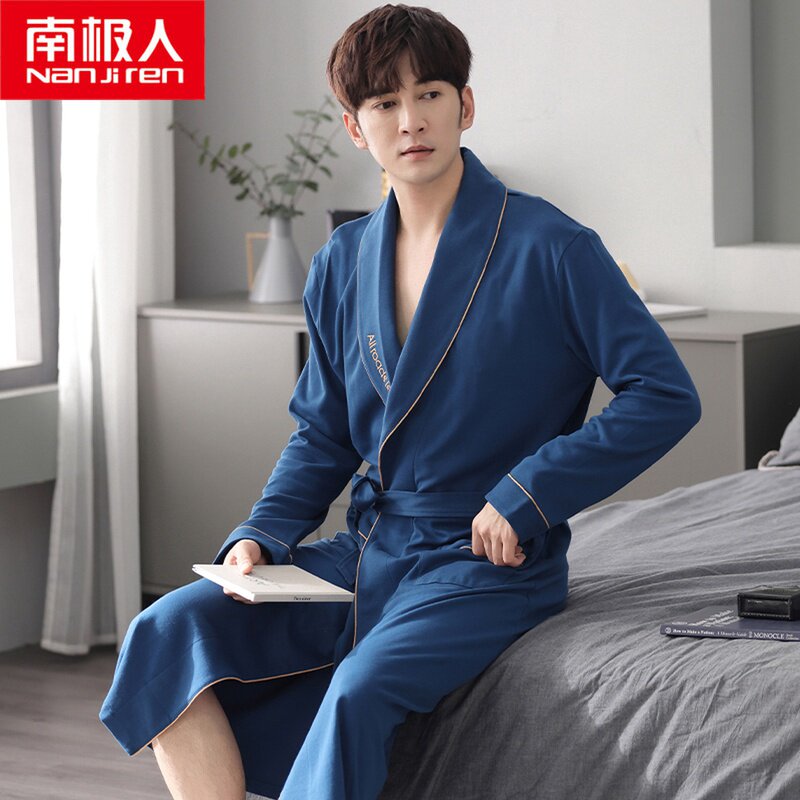 Sleeping Robe Men's Spring Autumn Season Pure Cotton Long Sleeves 2021 New Medium Long Version Bathrobe Fall Full Cotton Increase Yard pyjamas winter