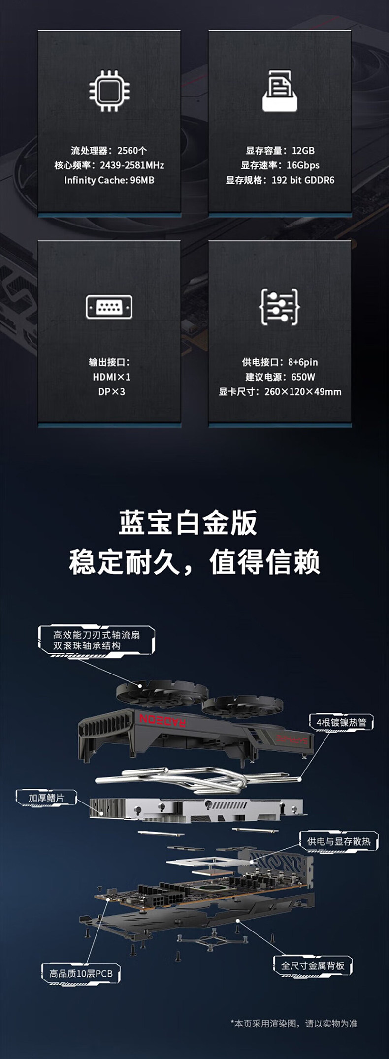 Видеокарта amd蓝宝石rx6750 gre 12g极地版白金白色 吃鸡游戏台式机电脑显卡