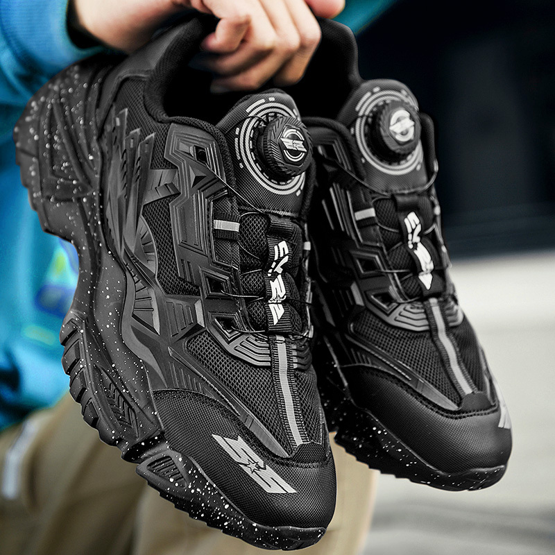 Men's Spring Rotating Buckle Black Platform Dad Shoes Height-Increasing Youth Student No-Lace Sneakers