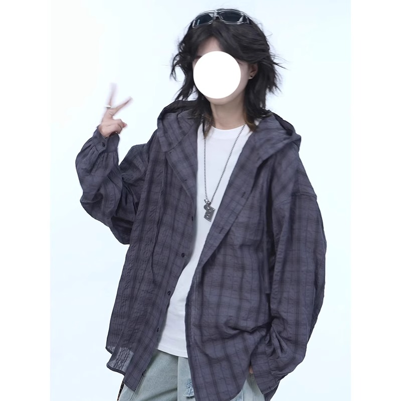 グレーのフード付きチェック柄日焼け防止シャツメンズ夏ゆったりカジュアルシャツカップル薄手速乾長袖ジャケット