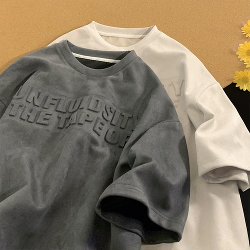 Бархатная ретро трендовая футболка с коротким рукавом, в американском стиле, оверсайз