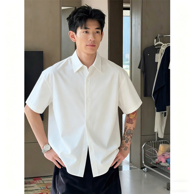 White Ice Silk Short-Sleeved Shirt for Men, Summer Dk Youthful Style, Drapey Regular Shoulder Half-Sleeve Shirt, Cool and Sun-Protective Jacket White Ice Silk Short-Sleeved Shirt for Men, Summer Dk Youthful Style, Drapey Regular Shoulder Half-Sleeve Shirt, Cool and Sun-Protective Jacket