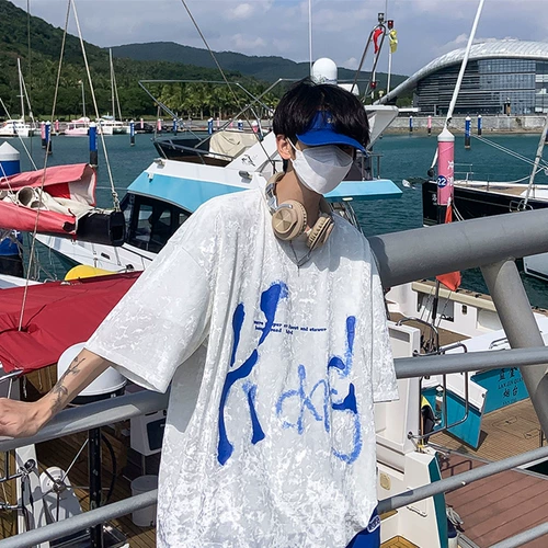 Ретро трендовая шелковая футболка с коротким рукавом, в американском стиле, оверсайз