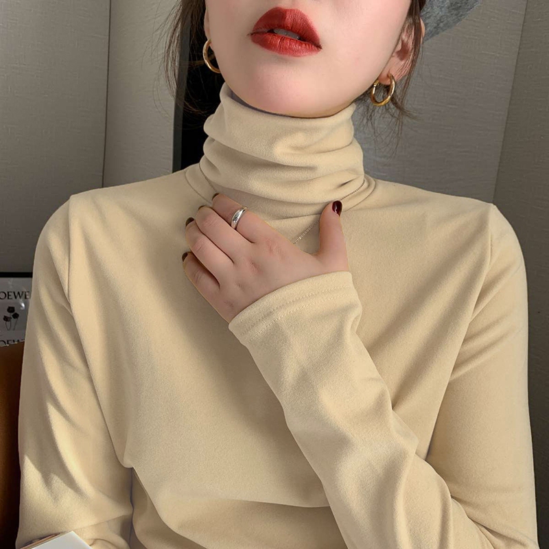 Double-Sided Thermal Turtleneck Base Shirt for Women, New Autumn and Winter Thickened Long-Sleeve Top with Fleece, Stylish Inner Layer with Stacked Collar