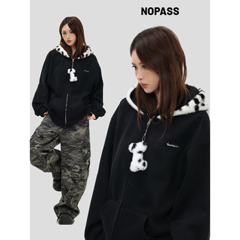 Nopass National Trend Original American Style'Dalmatian Patchwork Fleece Sweatshirt' Loose Zipper Cardigan Jacket for Women