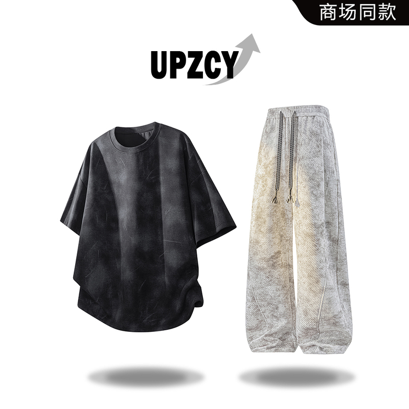 Upzcy American-Style Tie-Dye Round-Neck Short-Sleeved T-Shirt Men's Summer Trendy Suit Loose and Versatile Handsome Men's Two-Piece Set