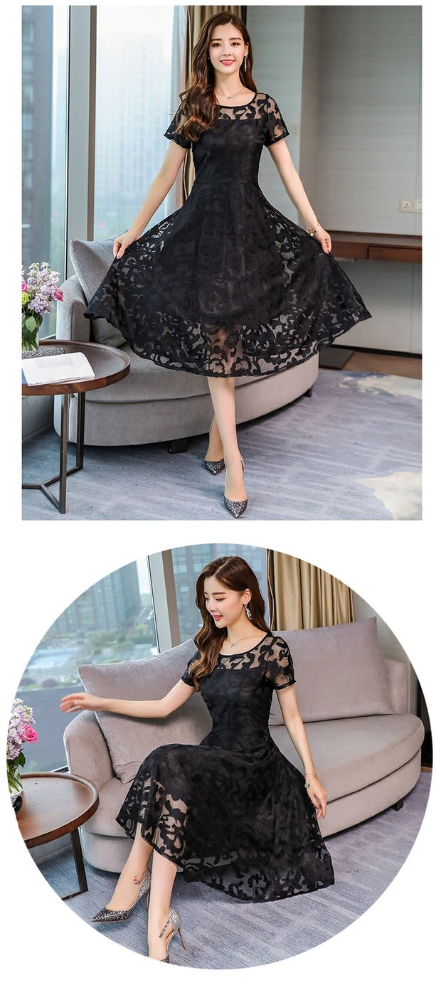 Kích thước lớn chất béo của phụ nữ mm mùa hè tính khí mới con lắc lớn Một từ phần dài eo giảm béo jacquard đầm ren đầm xòe trung niên