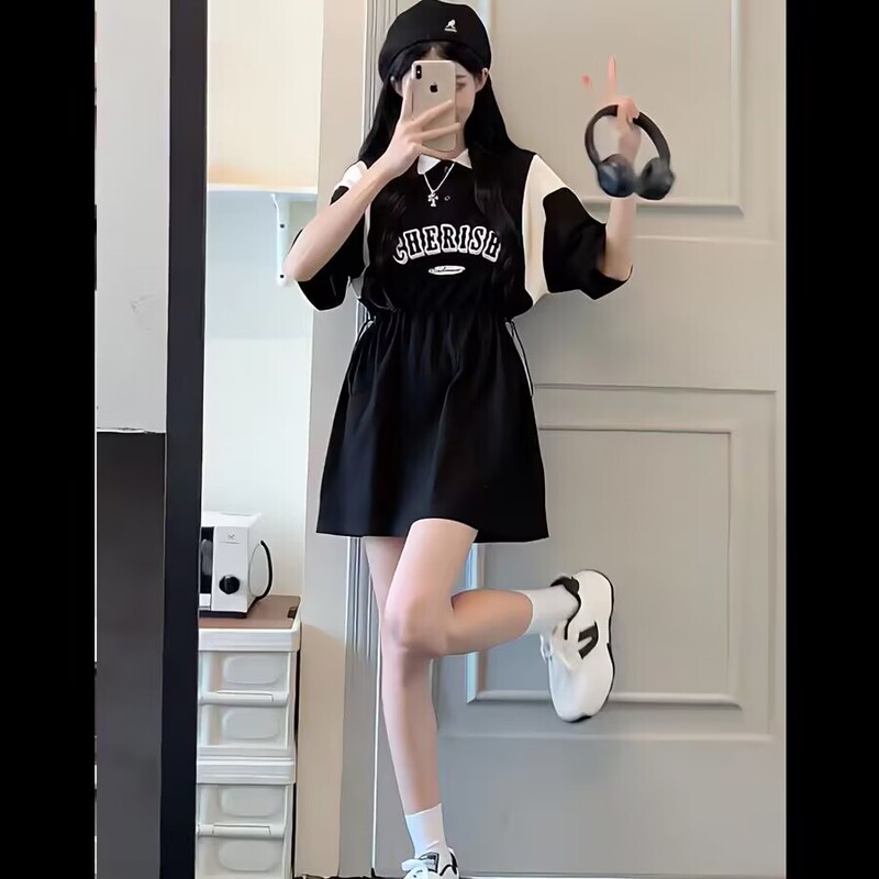 Summer New T-Shirt Dress, Two-Way Drawstring Dress, Black and White Color-Blocking, Preppy Style, Loose Casual T-Shirt with Polo Collar