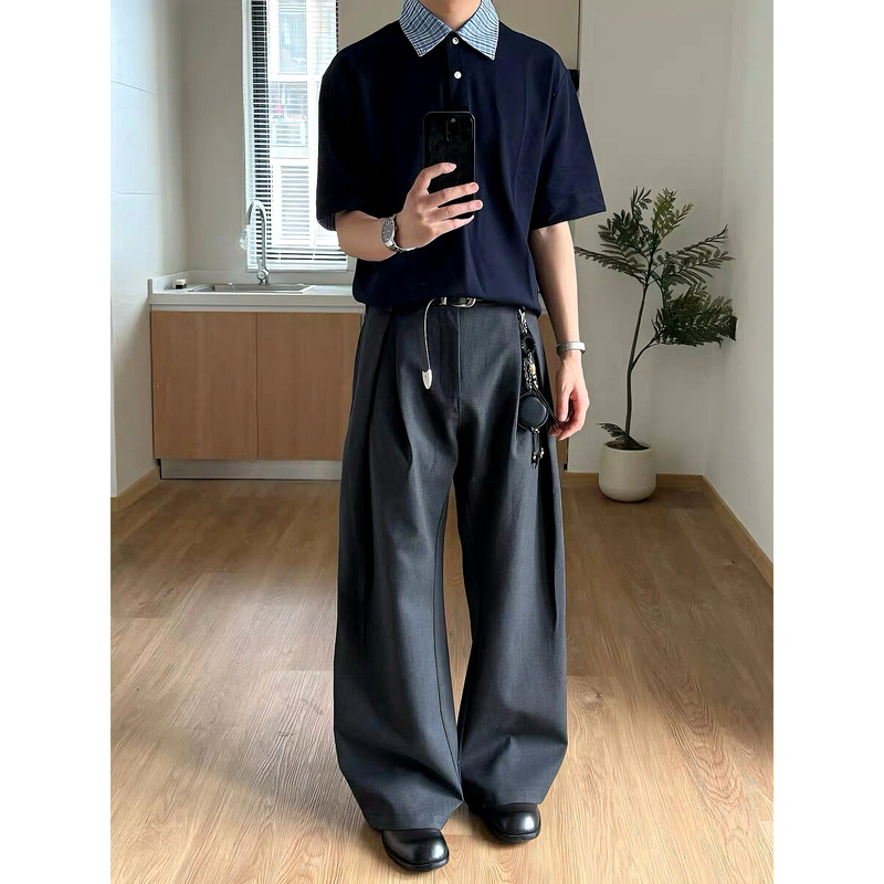 Lbms American Retro Unisex High-End Old Money Style Deconstructed Solid Color Pleated Design Loose Casual Trousers