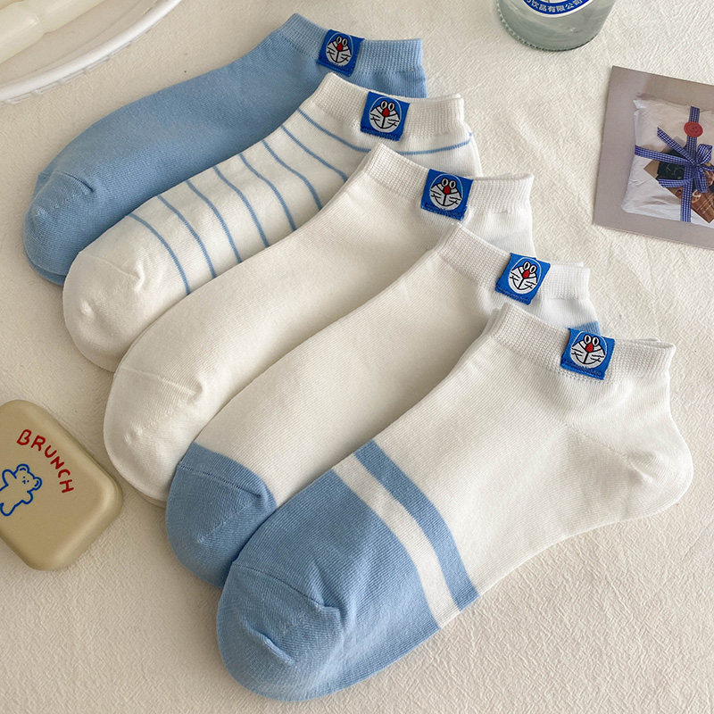 Machine cat socks female light blue socks in tide cartoon cute summer pure cotton thin low waist stealth socks