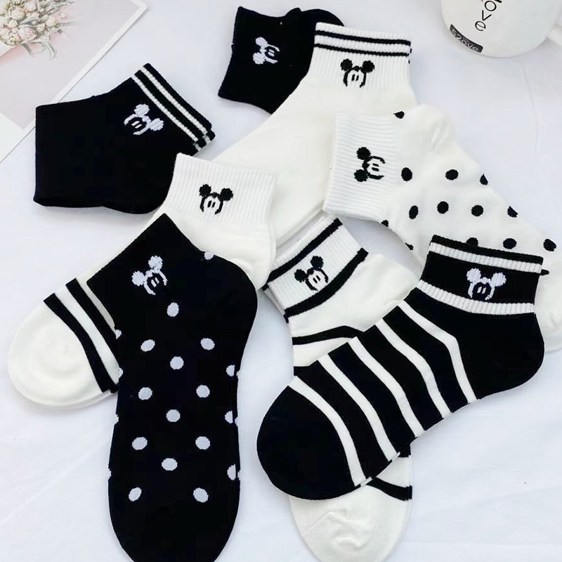 Black and White Mickey socks shallow low-gang summer socks in tide and Korean version Japanese cute cartoon stripes
