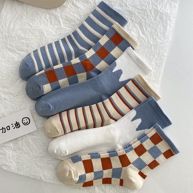 Socks women's middle tube socks ins tide spring and autumn cute Japanese wild striped plaid Korean version college style cotton stockings