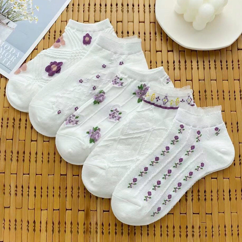 Cute white socks daily jk lace pure cotton socks Korean tide shallow boat socks purple summer thin