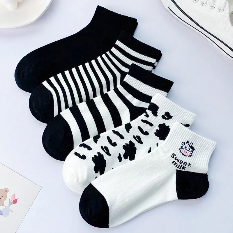 Black and white cow cartoon socks daughter shallow socks in South Korea summer thin cotton invisible socks tide