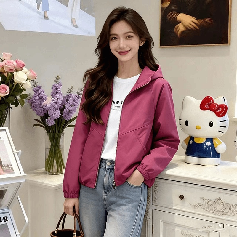 Spring and Autumn Women's Short Jacket, Korean Style, Loose Fit, Long-Sleeved, Outdoor Casual Sports Hooded Windproof Cardigan Top, Trendy