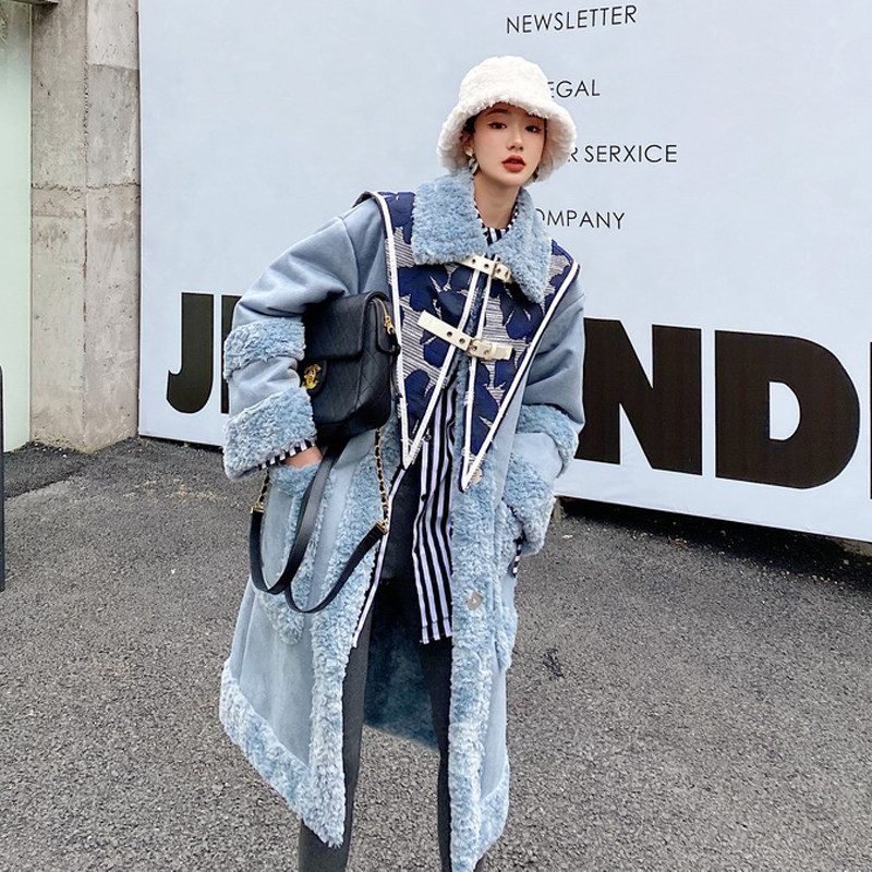 (Words wake up) jacquard shawl fog blue fur one coat female winter loose thin imitation fur coat