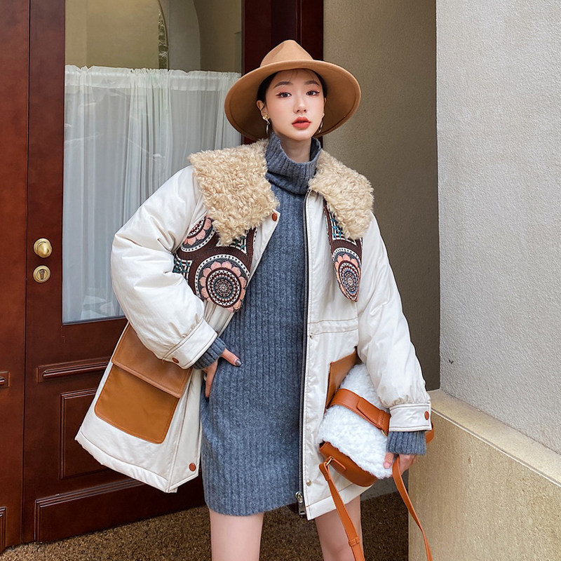 (Wake Up) Popup jacquard shawl padded jacket Women's winter lamb fur collar Coloured Mind Thickened Cotton Coat