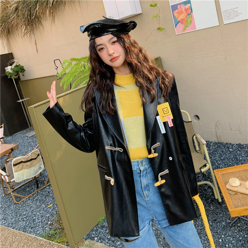 (Wake Up) Inron Detective Wind Badge Butsey Black Suit Collar PU Leather Clothing Woman Spring Suit Jacket 2022 New