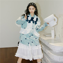 (Wake Up) Fake dolls collar butterfly knots with lotus leaf edge lining womens spring solid flowers loose shirt 2022 new