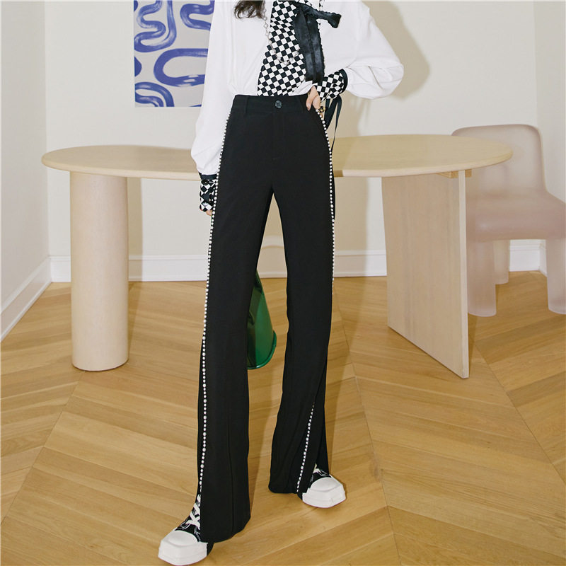 (Wake Up) French Nails Beads Big Long Legs Open Fork Micro Lagh Casual Pants Lady Spring Black High Waist Display Slim Drag Pants New