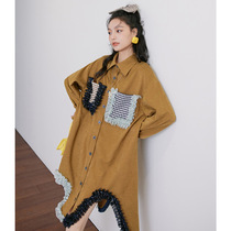 (Wake Up) Retro Collision Color Mesh Yarn of Agaric Side Wave Lining Dress Woman Spring Asymmetrical Pocket Caramel One-piece Dress