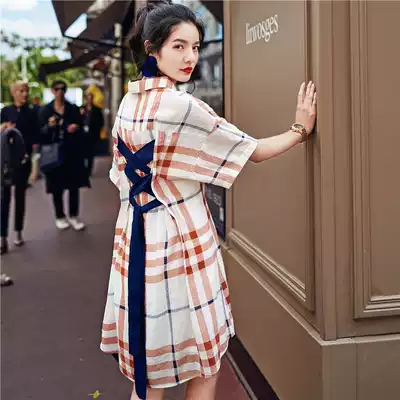 (Yan Xing)Designer plaid one-piece skirt women's summer POLO collar short-sleeved back strap slim mid-length bellflower skirt