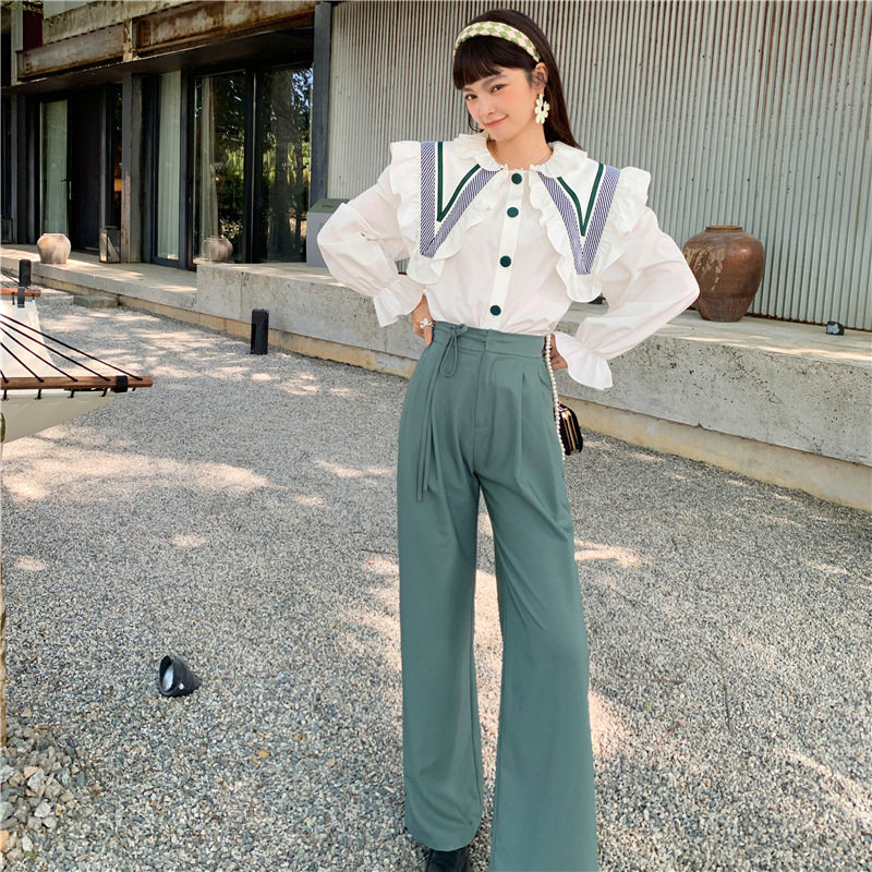 (Wake Up) Retro French style large length legs Lace Wide Leg Casual Pants Woman Spring Pure color High waist tug Long pants 2022